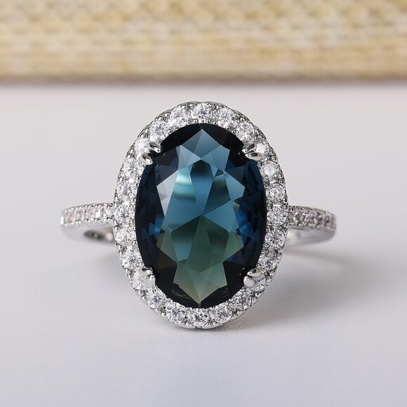 🌸Noble Hollow Anillos Super Large Oval Pure Royal Blue CZ Silver Ring, L263 - Picture 3 of 7